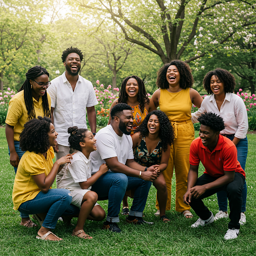 una imagen con una familia o grupo de amigos de color