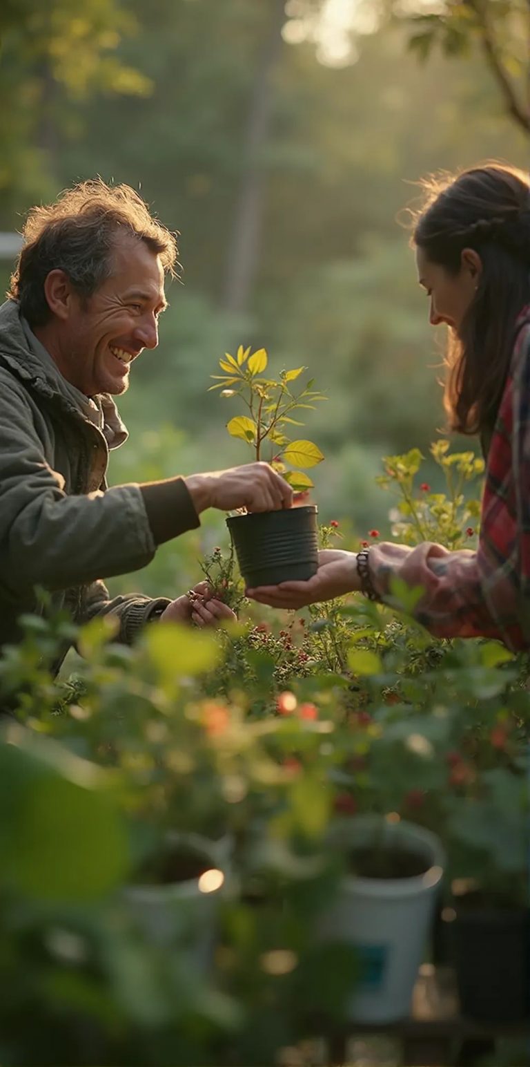 Dos personas cuidando plantas