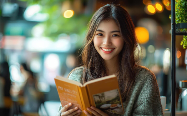 Una chica asiática artificial leyendo un libro mientras sonríe.