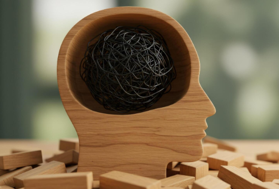 Cabeza de madera con alambres simulando preocupación.