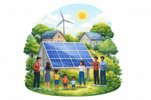 familia sostenible con paneles y molinos 