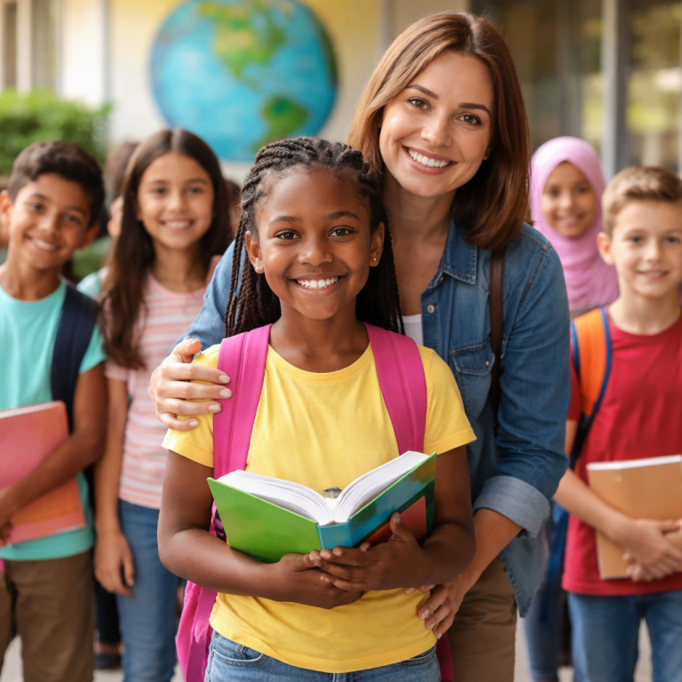 Imagen de varios niños y niñas, de diferentes culturas con acceso a la educación