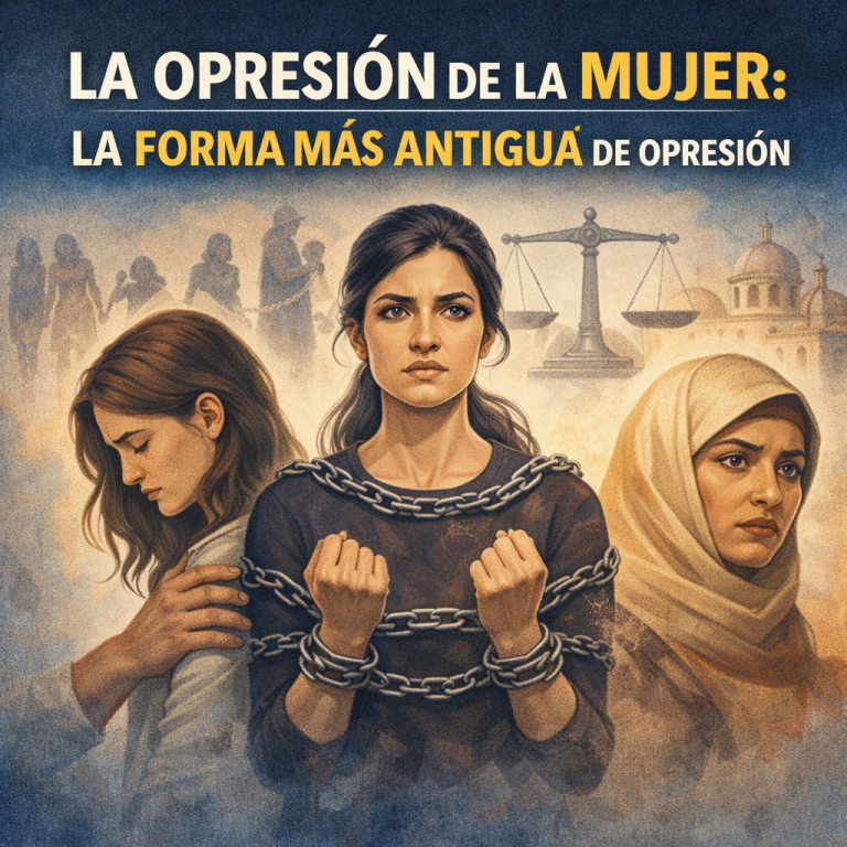 Imagen de 3 mujeres, una con cadenas, otra con restricciones religiosas y otra por machismo, y tiene el título la forma más antigua de opresión