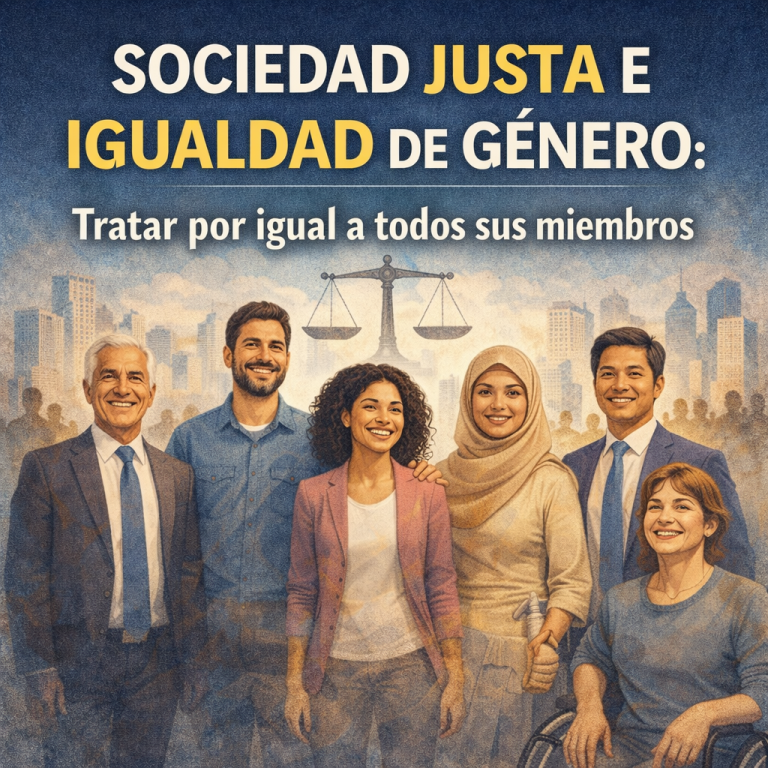 Imagen de personas de diferente género y cultura juntas, con el título Sociedad Justa e Igualdad de Género