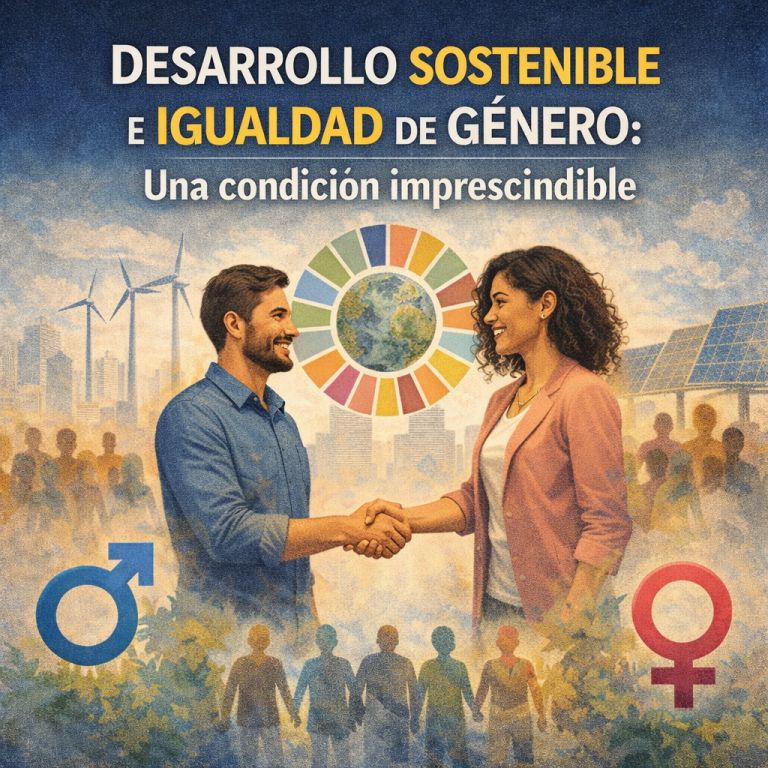 Imagen de un hombre y una mujer en un campo sostenible con el título desarrollo sostenible e igualdad de género