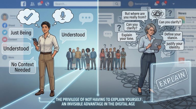 Ilustración comparativa que muestra el privilegio de no tener que explicarte: una persona entendida sin contexto frente a otra obligada a justificar su identidad y discurso en redes sociales.