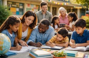 Niños y jóvenes de diversas etnias aprendiendo juntos al aire libre con docentes y voluntarios, fomentando el acceso igualitario a educación de calidad y la participación comunitaria.educación