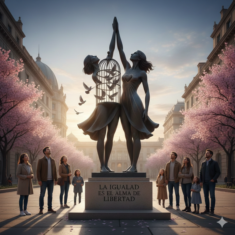 Imagen de una estatua con 2 mujeres y una con el torso como una jaula de palomas escapando, y abajo de la estatua el texto la igualdad es el alma libre
