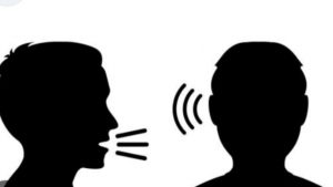 Es una imagen en silueta donde una persona habla y emite ondas de sonido hacia otra, representando la acción de comunicar un mensaje o transmitir información.