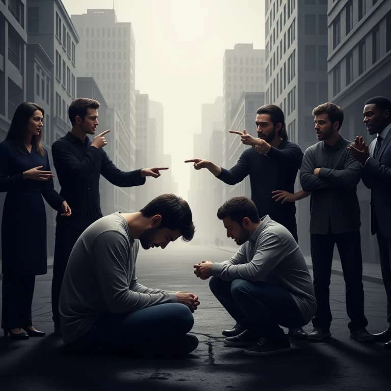 Una figura solitaria y encorvada, probablemente un hombre hispano, refleja rechazo y soledad, rodeada de siluetas oscuras que señalan, ríen o dan la espalda, en un entorno urbano gris y desierto con iluminación tenue y dramática que resalta aislamiento y vulnerabilidad.