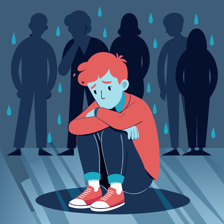 Imagen de un niño sentado bajo la lluvia triste y con gente alrededor