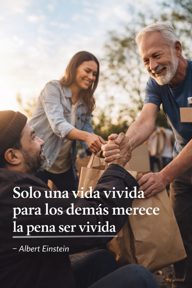 Fotografía real de tres personas ayudándose al aire libre durante la tarde, con una escena de solidaridad y colaboración, ilustrando el mensaje de que una vida vivida para los demás merece la pena