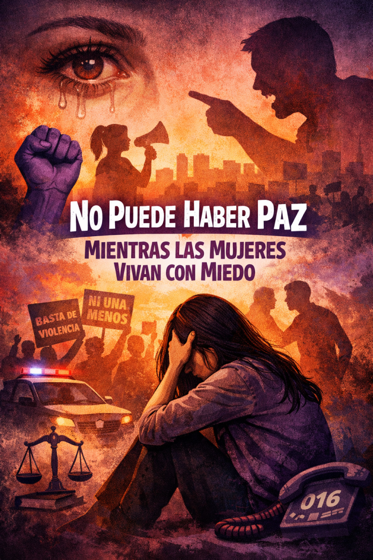 Ilustración digital sobre la violencia de género con el mensaje “No puede haber paz mientras las mujeres vivan con miedo”. Se muestra una mujer sentada con gesto de angustia en primer plano, una escena de protesta con pancartas al fondo, una silueta agresiva, una patrulla policial y símbolos de justicia, representando la lucha contra la violencia y la defensa de los derechos de las mujeres
