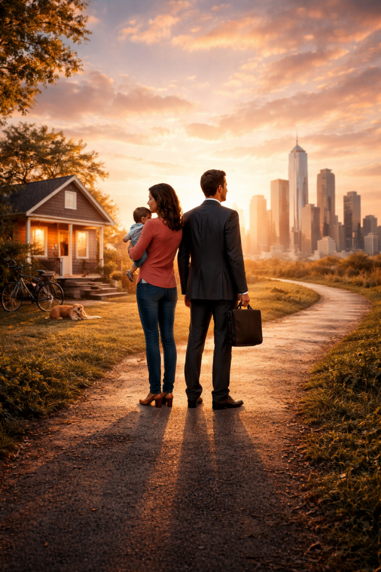 Ilustración de una pareja de espaldas sobre una isla flotante dividida entre hogar y ciudad, con una balanza que simboliza el equilibrio entre familia y trabajo