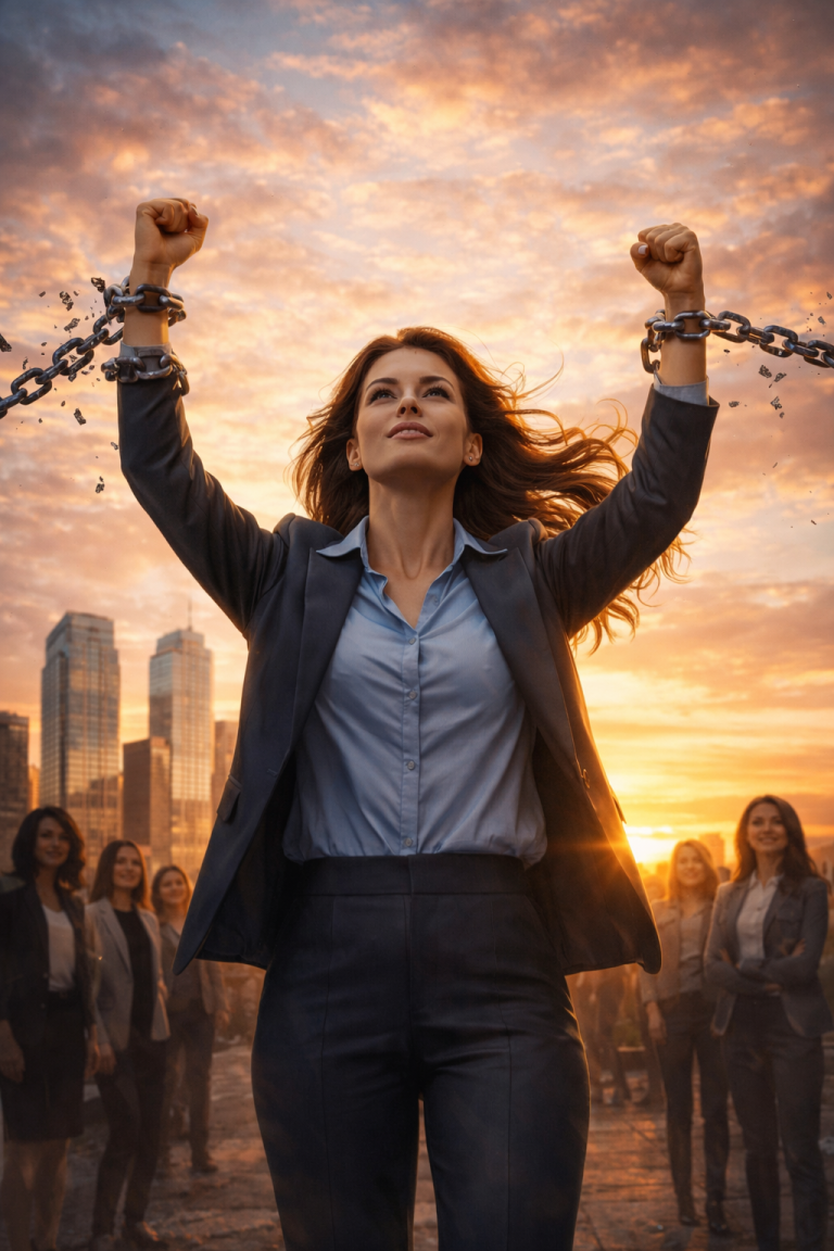 Mujer rompiendo cadenas con los brazos en alto frente a una ciudad, símbolo de empoderamiento.