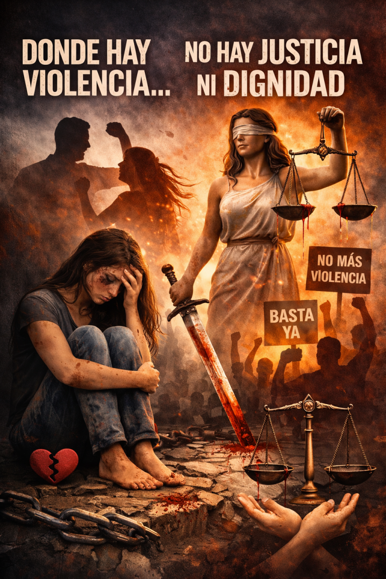 Mujer herida sentada en el suelo junto a figura de la justicia, simbolizando la violencia de género.