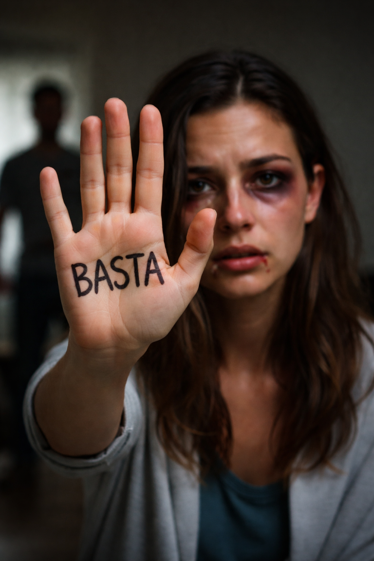 Mujer con moretones mostrando su mano con la palabra “BASTA” escrita, con sombra de un hombre al fondo.