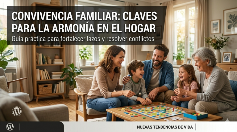 Imagen de portada para WordPress con el título 'CONVIVENCIA FAMILIAR: CLAVES PARA LA ARMONÍA EN EL HOGAR'. La fotografía muestra a una familia feliz, incluyendo a padres, hijos y una abuela, disfrutando de un juego de mesa en un salón cálido y luminoso