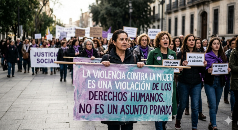 Mujeres encabezando una manifestación con una pancarta que dice: "La violencia contra la mujer es una violación de los derechos humanos. No es un asunto privado".