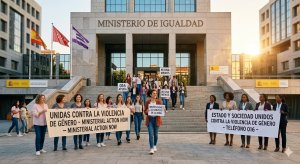 Manifestación de mujeres frente al Ministerio de Igualdad con pancartas que dicen "Unidas contra la violencia de género" y mencionan el teléfono 016