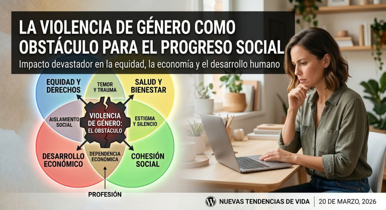 Una infografía periodística con el titular "LA VIOLENCIA DE GÉNERO COMO OBSTÁCULO PARA EL PROGRESO SOCIAL", acompañada de un diagrama que ilustra cómo este problema afecta áreas clave como "EQUIDAD Y DERECHOS", "SALUD Y BIENESTAR", "DESARROLLO ECONÓMICO" y "COHESIÓN SOCIAL". A la derecha, una mujer profesional con expresión pensativa observa su laptop en una oficina en casa. El pie de imagen incluye el logotipo de WordPress y la fecha "20 DE MARZO, 2026