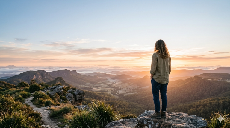 Imagen realista y profesional para la portada de un artículo de blog sobre el concepto de vida plena y significativa. Escena inspiradora de una persona contemplando el horizonte al amanecer, sensación de esperanza, bienestar y reflexión. Estilo fotográfico, iluminación natural suave, composición equilibrada, espacio libre en la parte superior para añadir título en WordPress, alta resolución, formato horizontal 16:9, estética moderna, colores cálidos y armoniosos, sin texto, sin logos, sin marcas registradas.