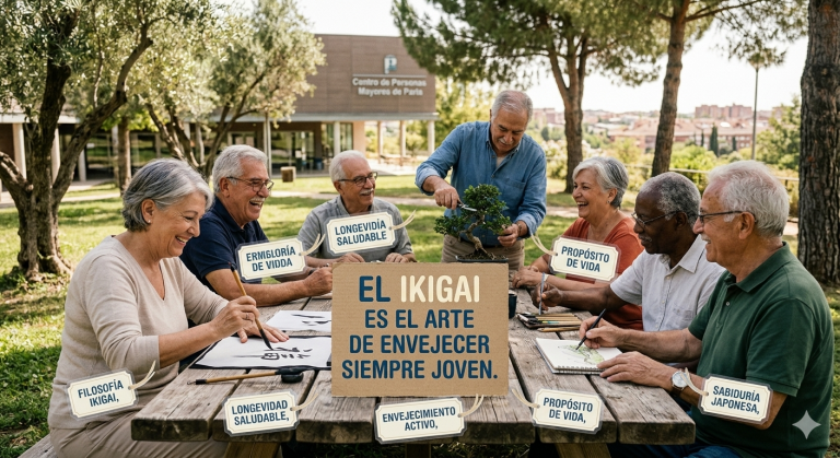 Grupo de adultos mayores realizando actividades creativas al aire libre con un cartel central sobre el Ikigai y el arte de envejecer joven.