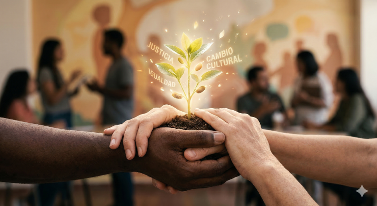 Manos unidas de diversas personas sosteniendo una planta con las palabras justicia, igualdad y cambio cultural.