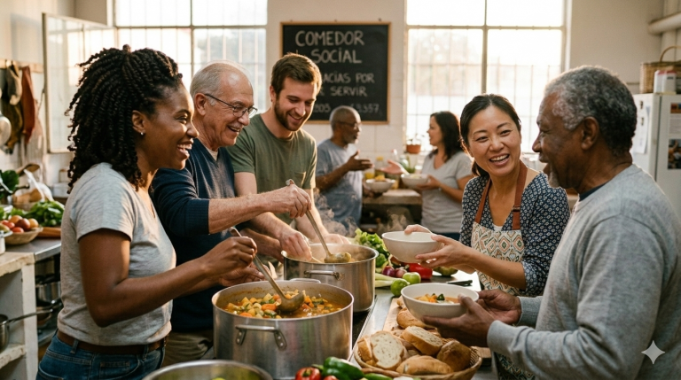 Un grupo diverso de personas trabajando juntas con alegría en un comedor comunitario, representando cómo encontrar el ikigai a través del servicio.