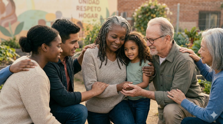Familia de varias generaciones abrazada y sonriendo unida, representando la integridad del hogar.