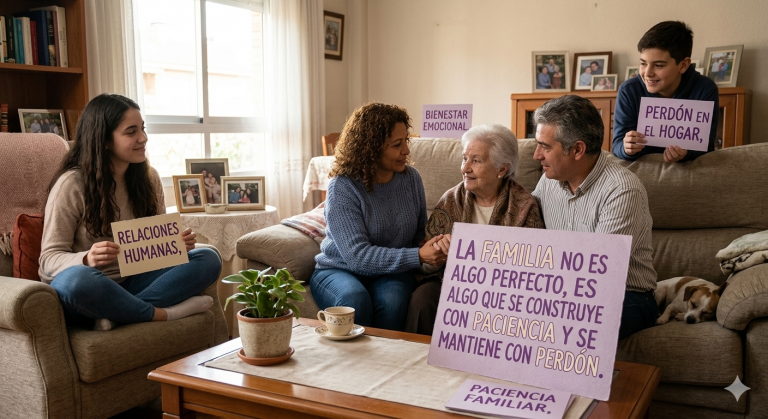 Una familia sentada en el salón de su casa con carteles que dicen: "La familia no es algo perfecto, se construye con paciencia y se mantiene con perdón", destacando la unión entre abuelos, padres e hijos.