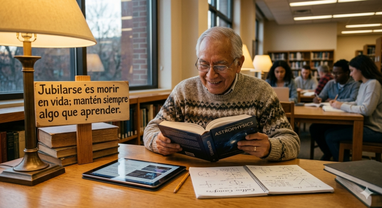 Un hombre mayor sonriente estudiando un libro de astrofísica y usando una tableta en una biblioteca, ilustrando la importancia de mantenerse activo intelectualmente.
