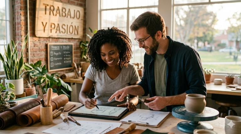 Un grupo diverso de personas trabajando juntas con pasión y alegría en un taller creativo de artesanía, representando el trabajo y pasion.