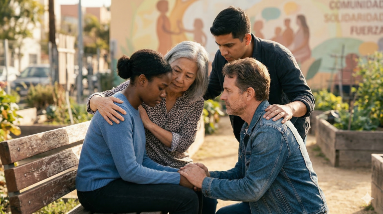 Grupo de personas consolando y apoyando a una mujer, demostrando que no eligen el lado del opresor.