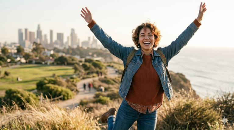 Una mujer alegre y llena de vitalidad celebrando la vida, representando cómo vivir con propósito ayuda a encontrar el ikigai.