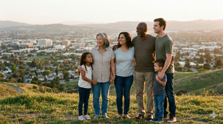 Familia multogeneracional unida y sonriente en lo alto de una colina mirando hacia una ciudad, simbolizando la conexión entre el hogar, la nación y el mundo.