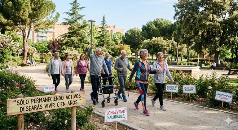 Grupo de adultos mayores sonrientes caminando y haciendo ejercicio en un parque, promoviendo un estilo de vida activo para vivir cien años.