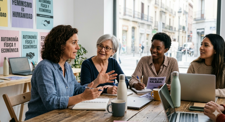 Grupo diverso de mujeres reales conversando en una oficina con carteles sobre autonomía física y económica al fondo.