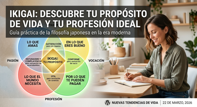 Infografía profesional sobre el Ikigai que muestra a una mujer trabajando en su escritorio junto a un diagrama de cuatro círculos (lo que amas, en lo que eres bueno, lo que el mundo necesita y por lo que te pueden pagar) para descubrir el propósito de vida.