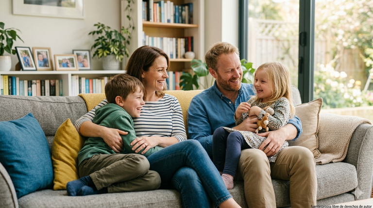 Familia feliz compuesta por padre, madre y dos hijos riendo juntos en el sofá de un salón acogedor, representando la buena convivencia familiar