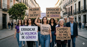 Manifestación pacífica en Madrid para erradicar la violencia de género y mejorar la sociedad.