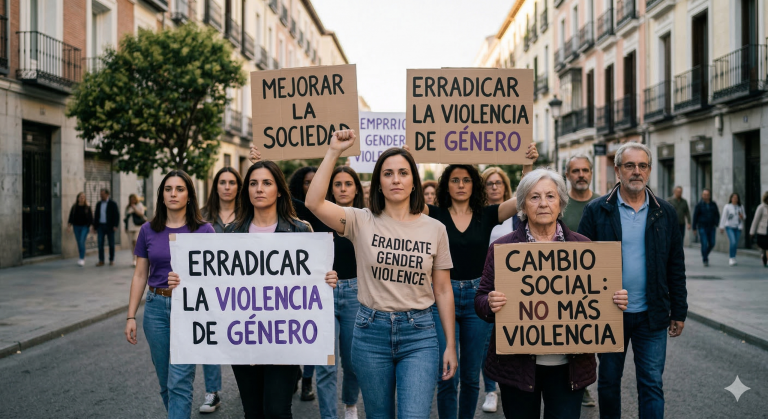 Manifestación pacífica en Madrid para erradicar la violencia de género y mejorar la sociedad.
