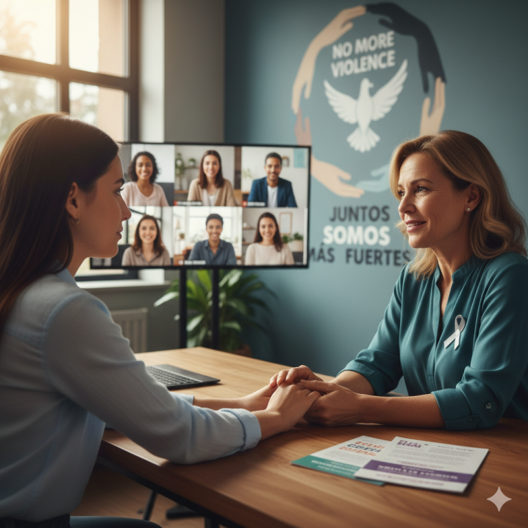 Imagen de una mujer recibiendo apoyo y orientación, representando la prevención y atención a víctimas de violencia de género.