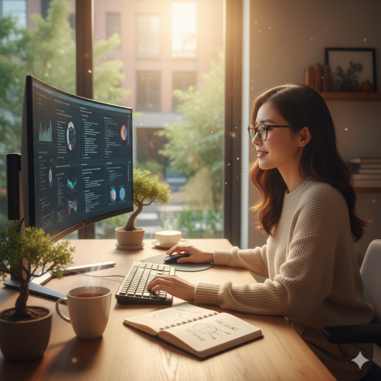 Persona concentrada trabajando con motivación, representando cómo el ikigai mejora la productividad y el propósito diario.