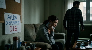 Violencia de Genero a una Mujer con gesto de dolor sentada en un sofá frente a un hombre de espaldas; un cartel en la pared indica "Ayuda disponible: 016