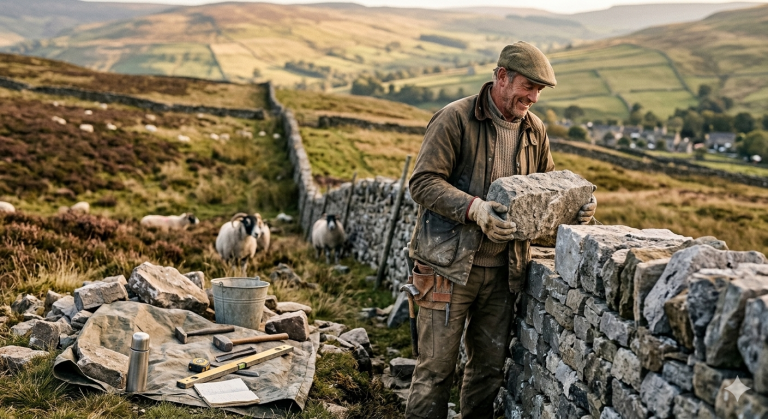 Cantero sonriente construyendo un muro de piedra en un paisaje rural durante el atardecer