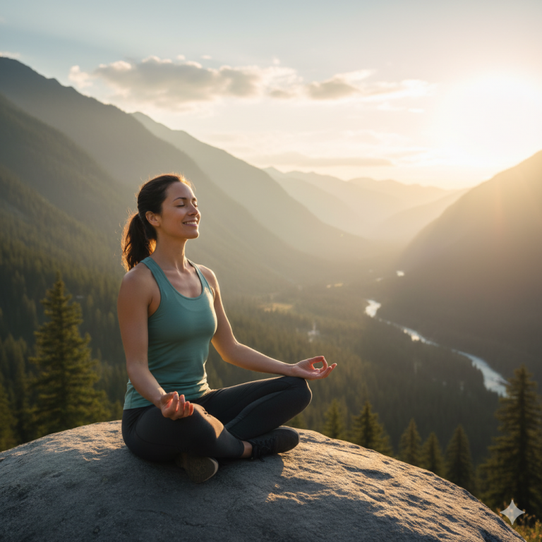 Persona meditando al aire libre, representando cómo el ikigai promueve equilibrio emocional, bienestar y felicidad.