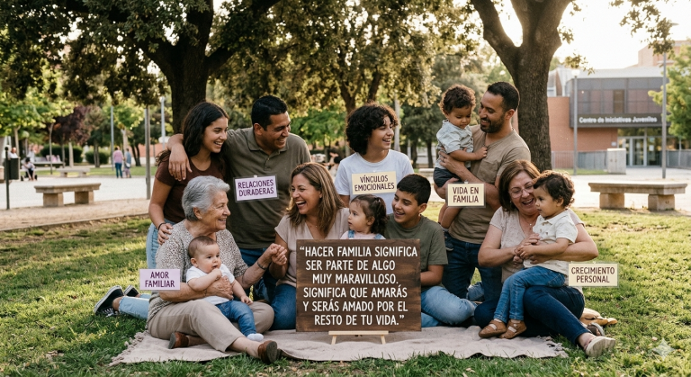 Familia numerosa disfrutando en el parque con un cartel sobre el amor y la unión eterna.