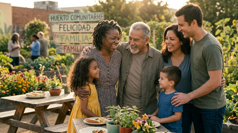 Familia diversa unida en un huerto comunitario, representando que no hay escuela igual a un hogar decente y virtuoso.