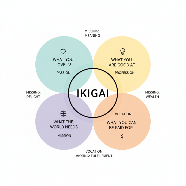 Diagrama del ikigai mostrando la intersección entre pasión, talento, vocación y profesión para encontrar propósito en la vida.